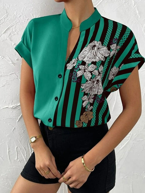 Short Sleeve Printed V-neck Blouse with Buttons