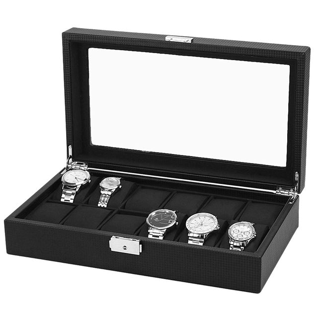 Wristwatch Holder 12 Grids Watch Box Black Carbon