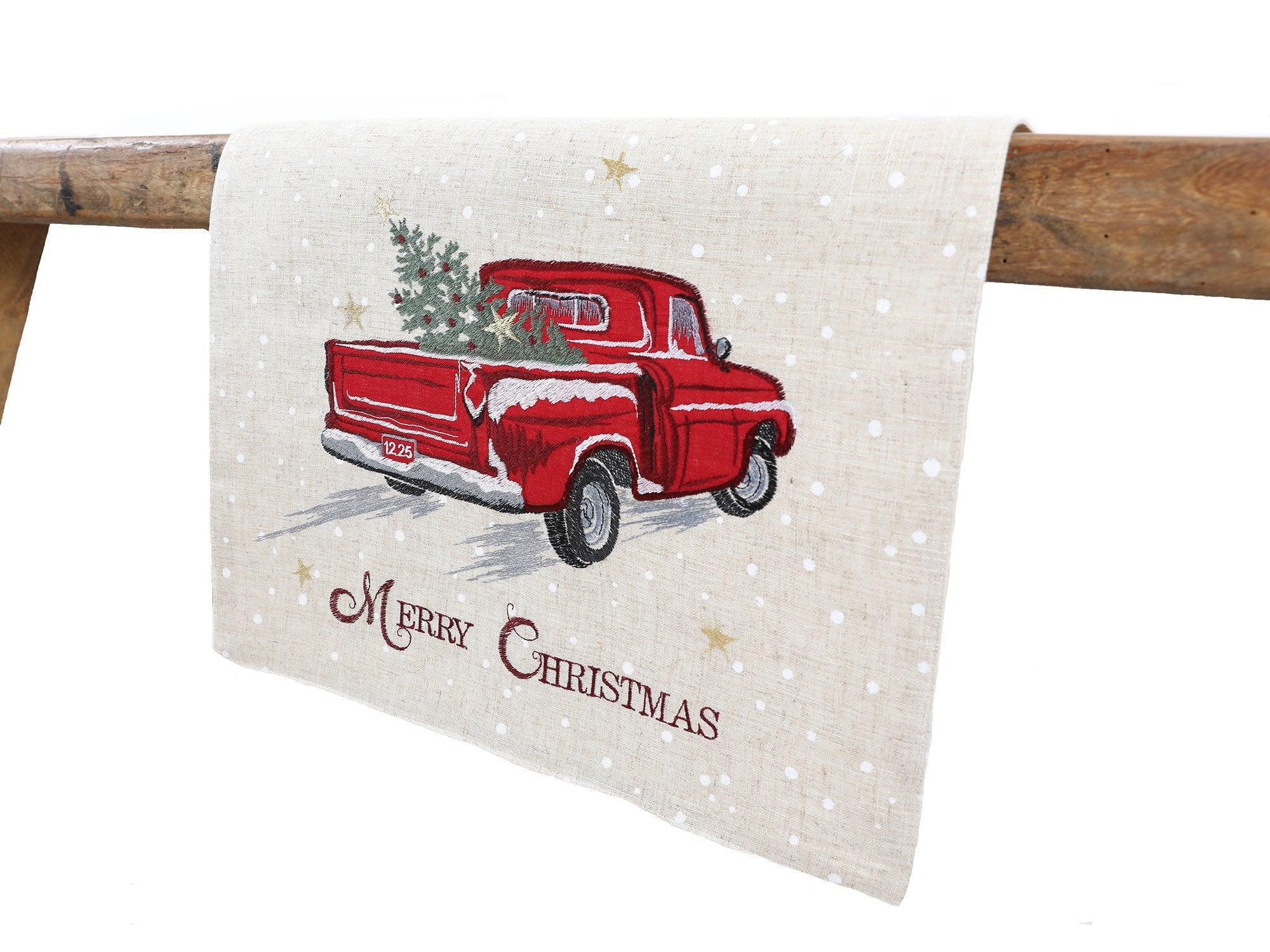 XD19812-Merry Christmas Truck Embroidered Table Runner 16 by 36-Inch