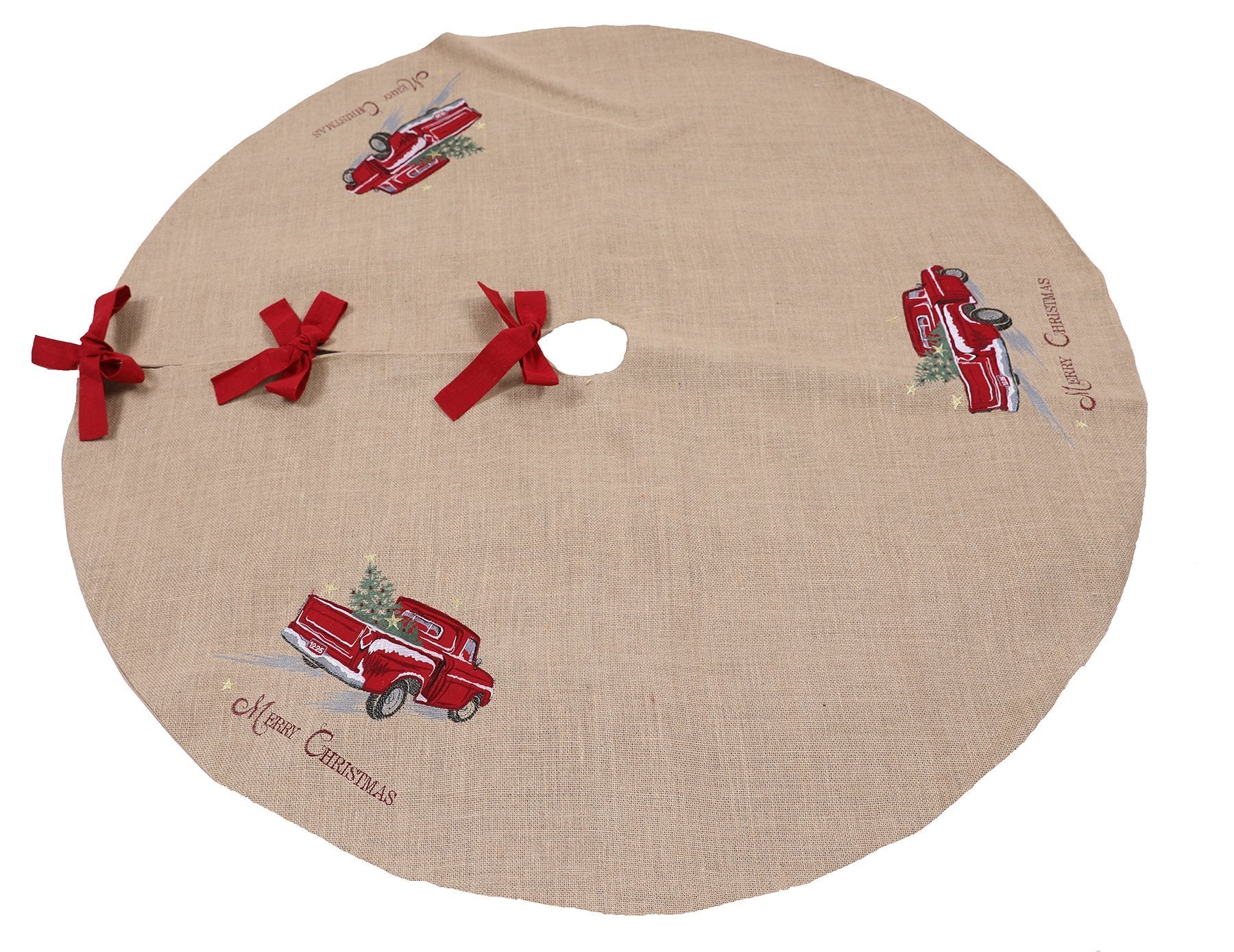 XD19812-Merry Christmas Truck Embroidered Tree Skirt 56 Inch Round, | Pink Leto