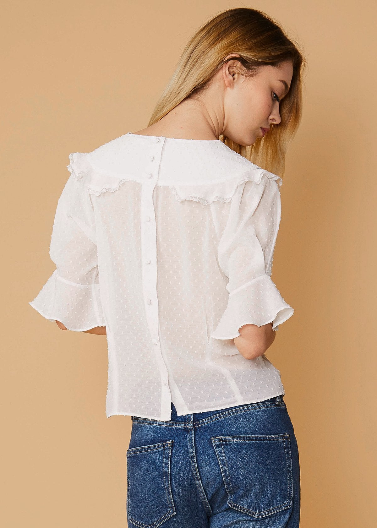 Women's Swiss Dot Ruffle Sleeve Top in White