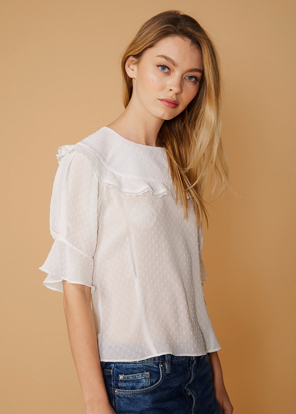 Women's Swiss Dot Ruffle Sleeve Top in White