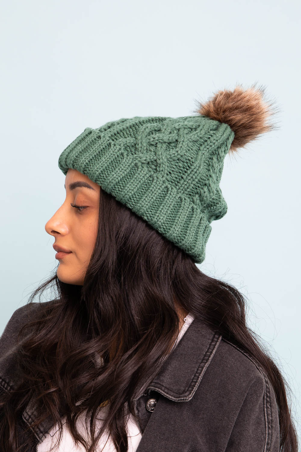 Cable Knit Beanie with Faux Fur Pom
