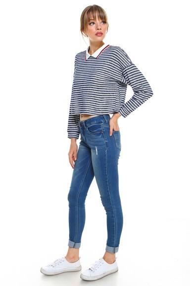 Cropped Long Sleeve Blue and White Stripe Polo Top