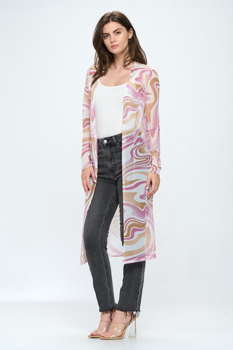 Long sleeve longline duster in swirl printed mesh