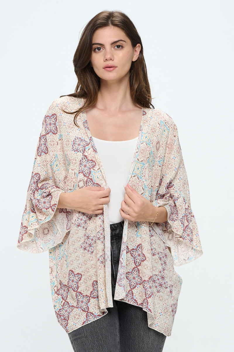 Ruffle sleeves loose fit kimono in ethnic print