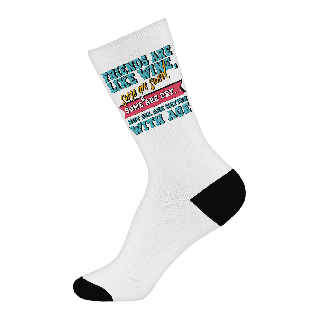 Friends and Wine Socks - Quotes Novelty Socks - Funny Crew Socks