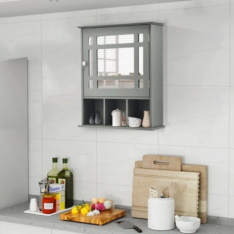 Elegant Grey Wall-Mounted Mirrored Medicine Cabinet with Adjustable Shelf