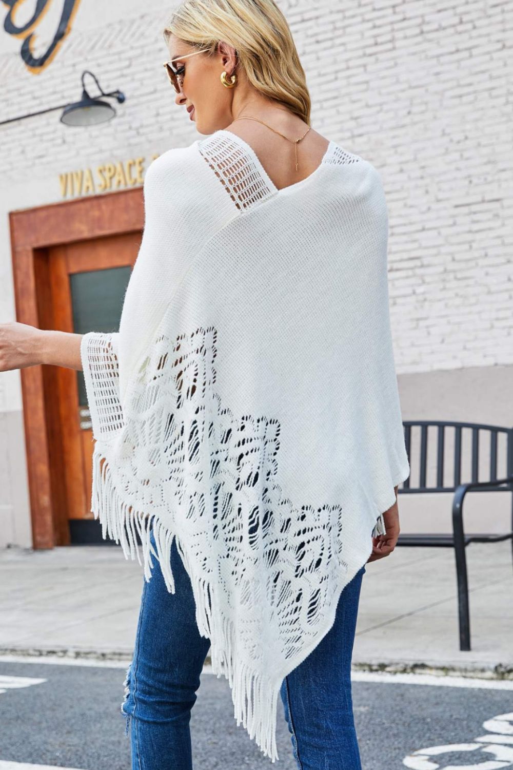 Openwork Fringe Hem V-Neck Poncho