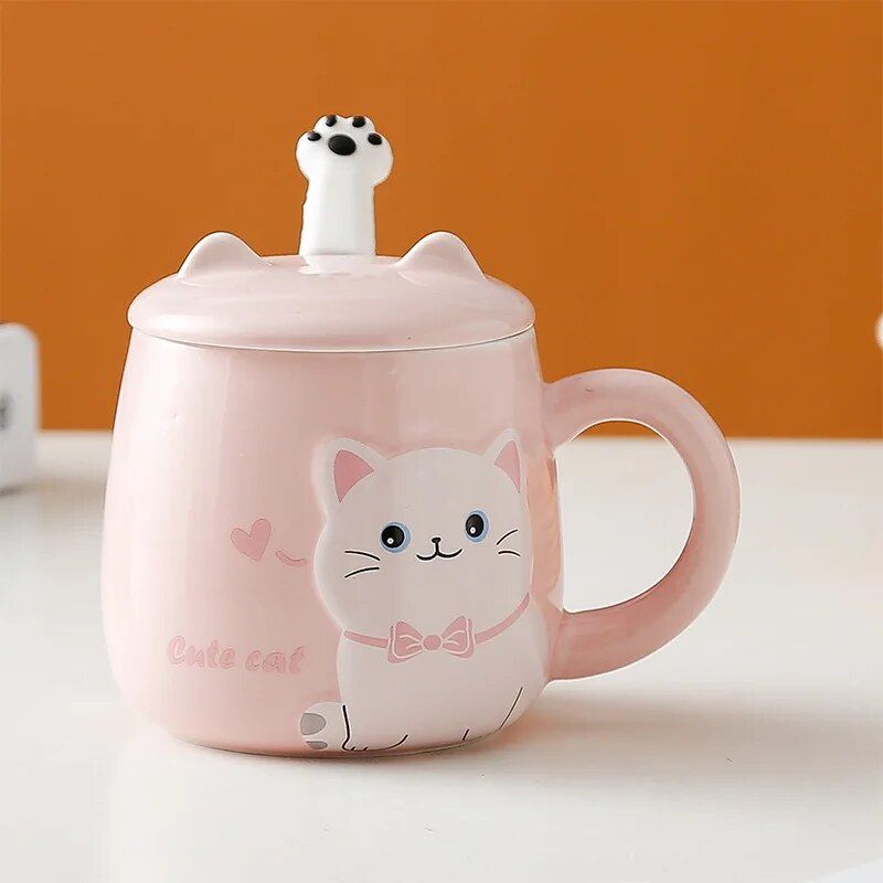 Cute Cartoon Cat Ceramic Mug with Lid and Spoon - Perfect for Office and Home Use