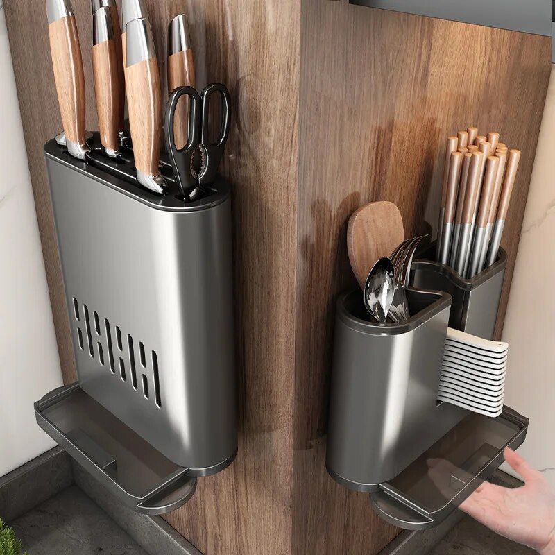 Luxury Gun Grey Wall-Mounted Kitchen Rack with Chopstick and Knife Holder