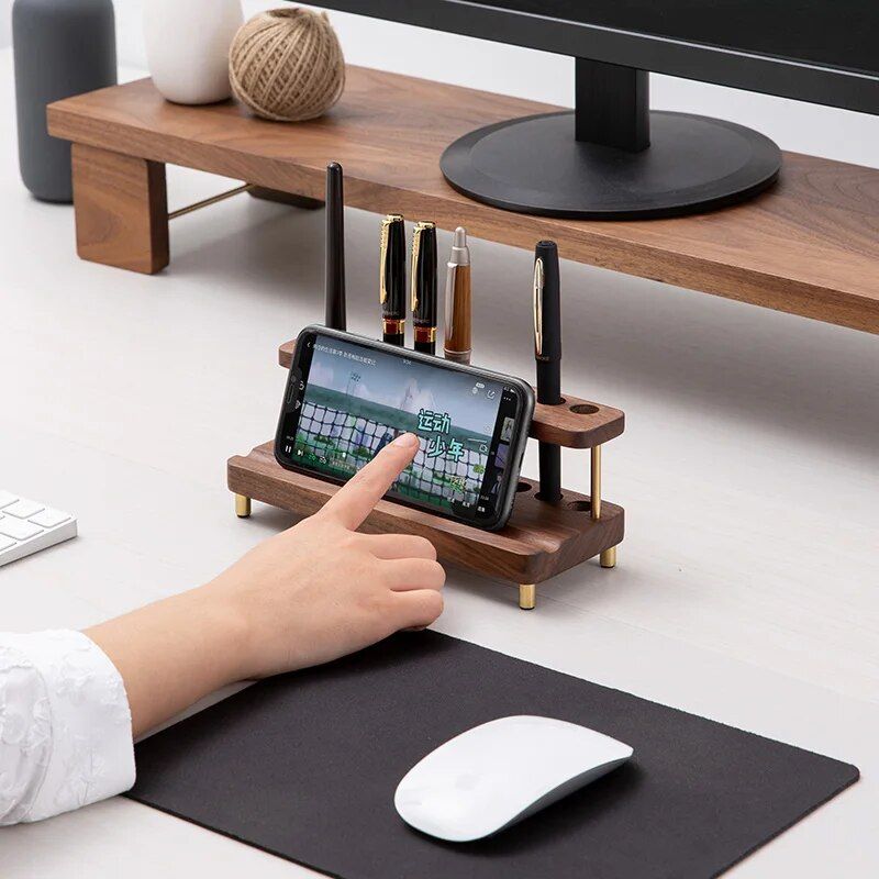 Elegant Black Walnut Wood Desk Organizer for Phones, Tablets, and Stationery