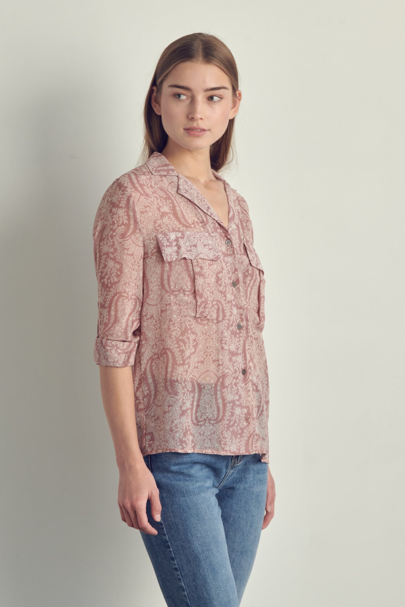 Draped front swirl print blouse