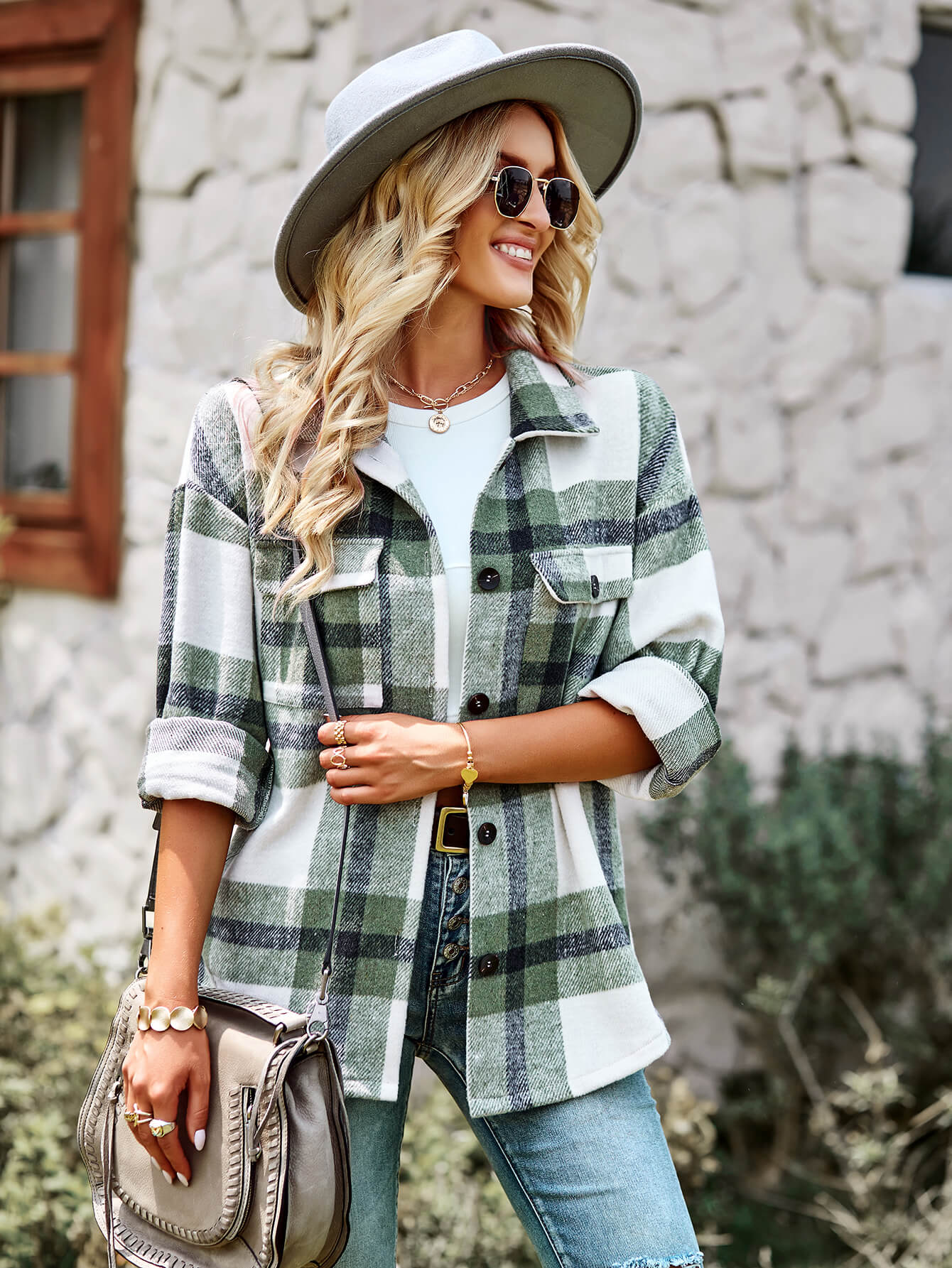 Plaid Dropped Shoulder Shirt Jacket with Breast Pockets