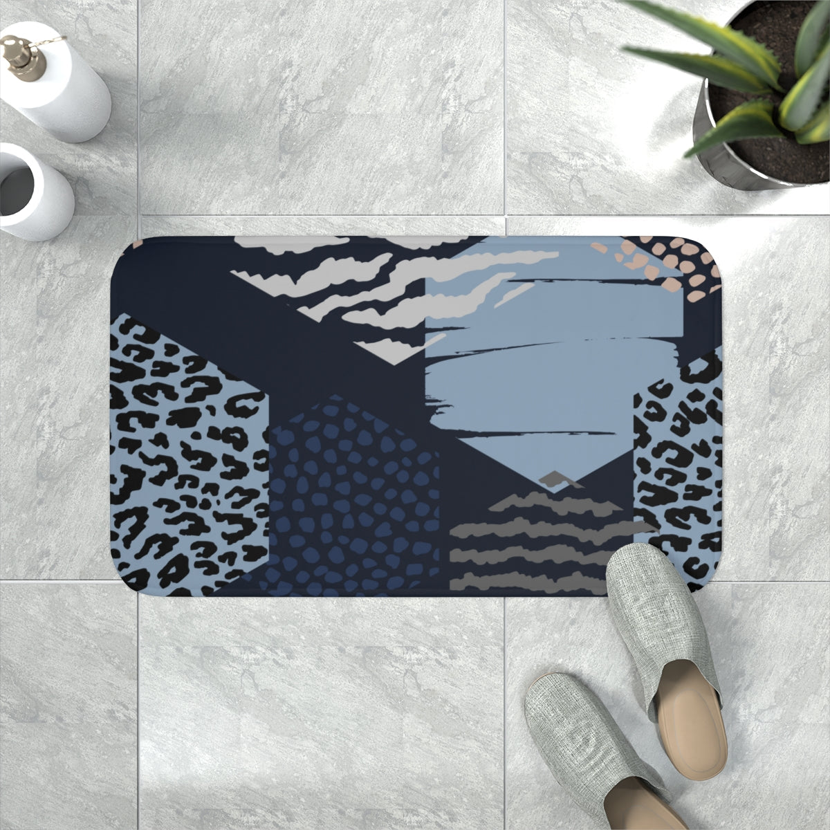 Uniquely You Memory Foam Bath Mat, Blue Grey White Print Hexagons