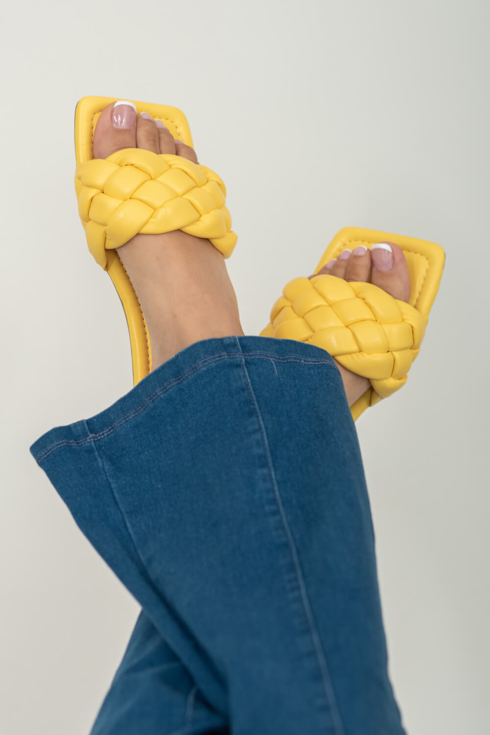 Cakewalk Woven Square Toe Slides in Yellow