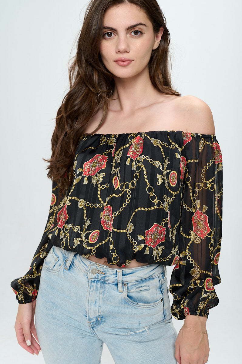 Off-shoulder long-sleeve chain blouse