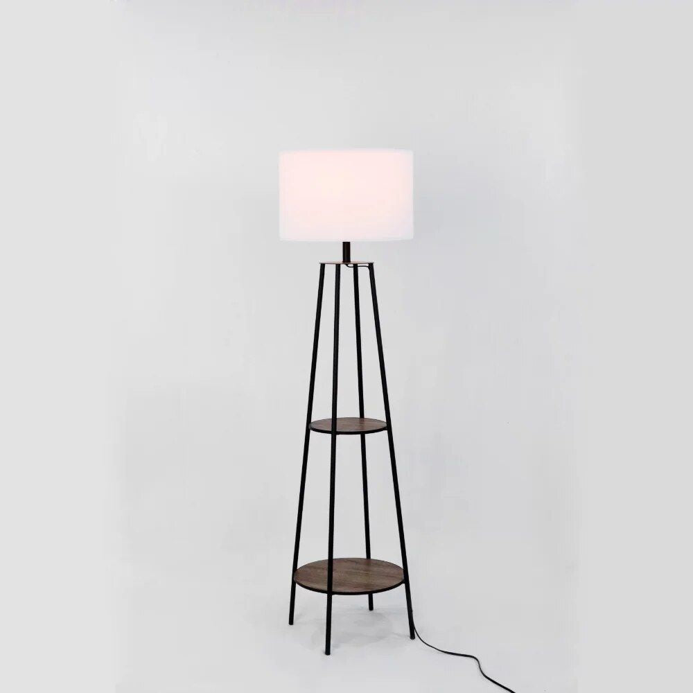 Elegant Black Floor Lamp with Wooden Shelves and LED Bulb