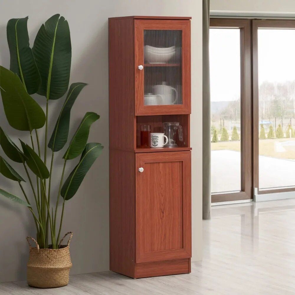 Slim Tall Storage Cabinet with Open Shelf & Enclosed Space for Kitchen and Living Room