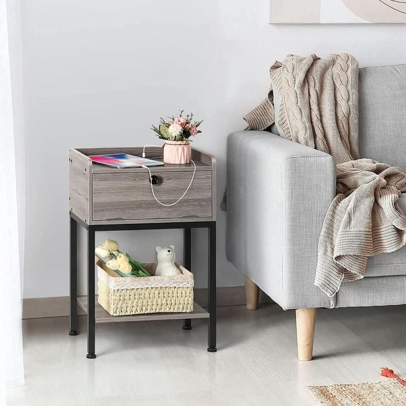 Modern Morocco Wood Side Table with Built-in Charging Station and Storage