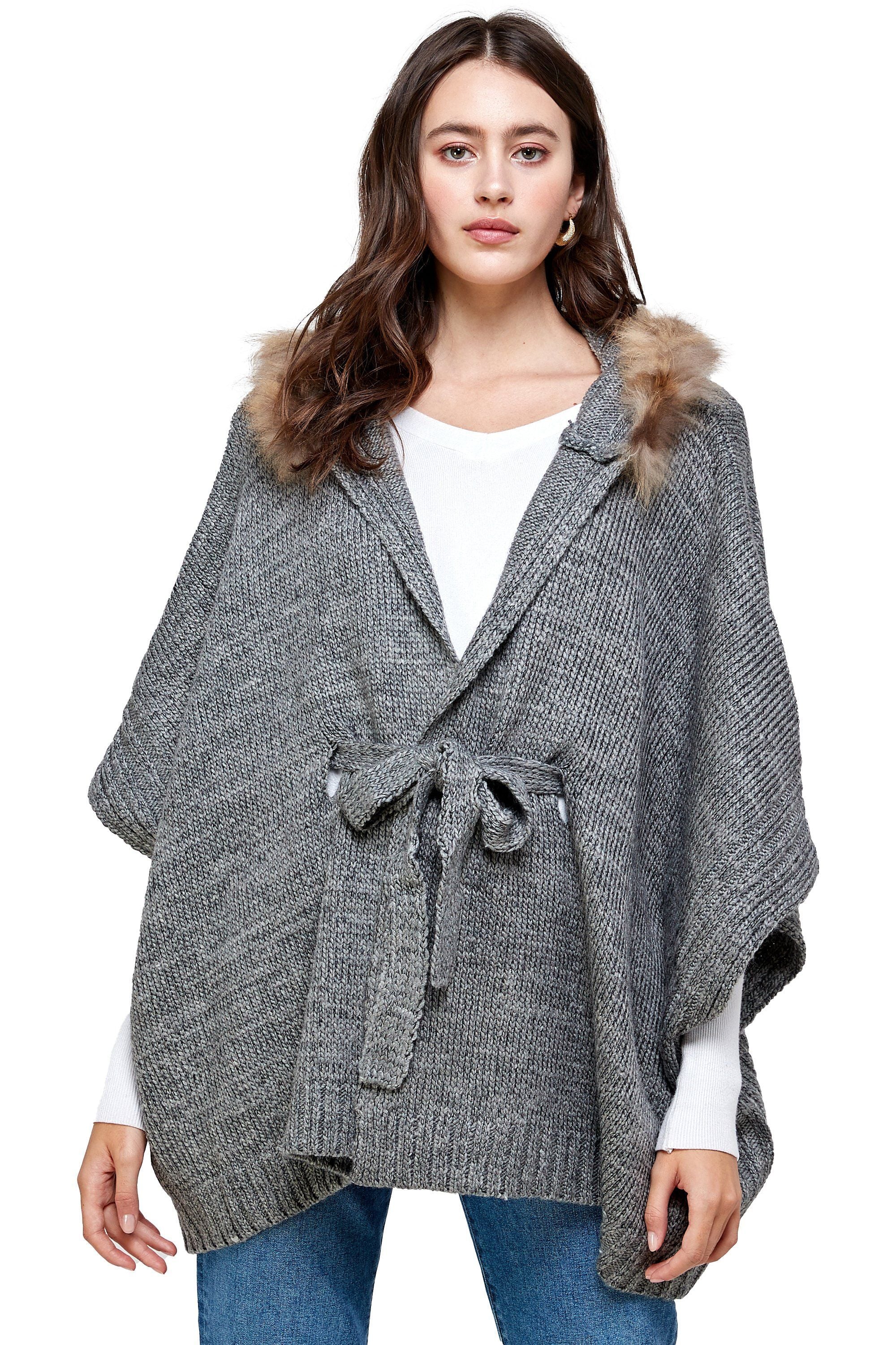 Hoodie Poncho Sweater Cardigan Fur Trim Top