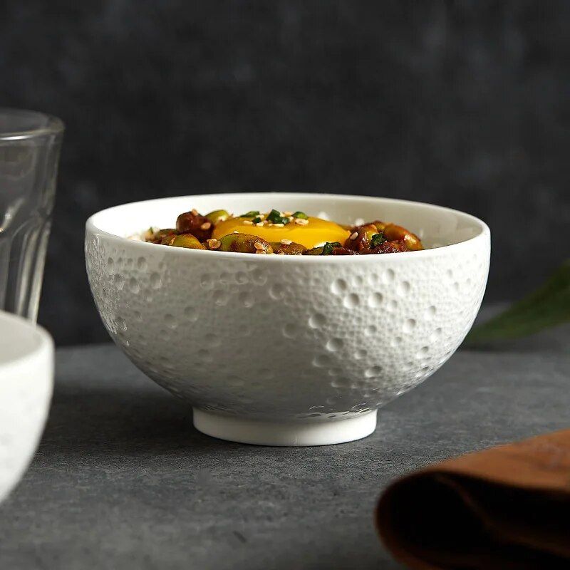 Elegant White Ceramic Rice Bowl Set