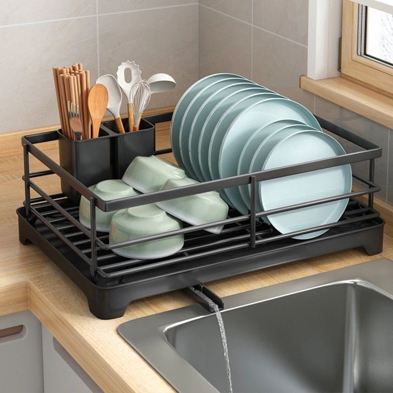 Multi-Functional Metal Dish Drying Rack with Drainboard and Utensil Holder