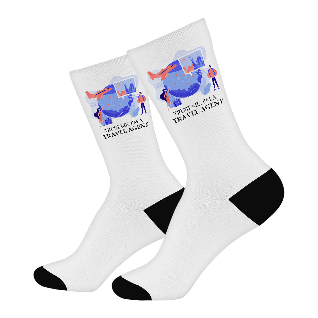 Travel Agent Socks - Travel Themed Novelty Socks - Printed Crew Socks