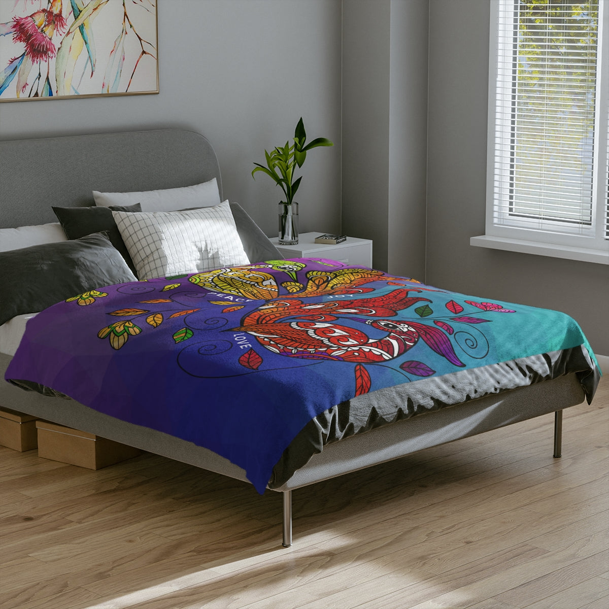 Uniquely You Velveteen Throw Blanket, Multicolor Wild Peacocks Print,