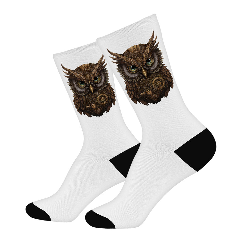 Steampunk Owl Socks - Best Print Novelty Socks - Cool Design Crew Socks