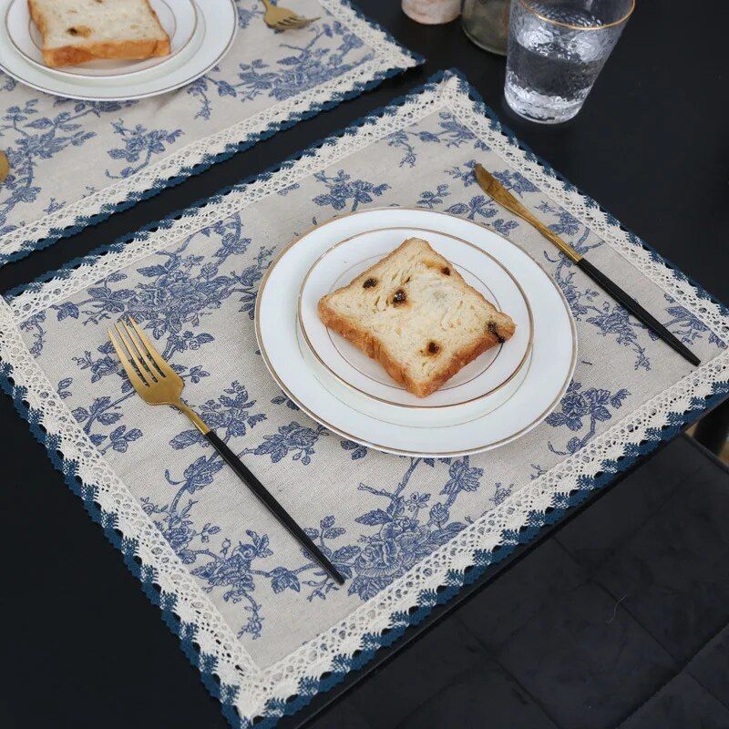 Elegant French Pastoral Blue Floral Table Mat - Waterproof, Cotton-Linen Blend Home Decor