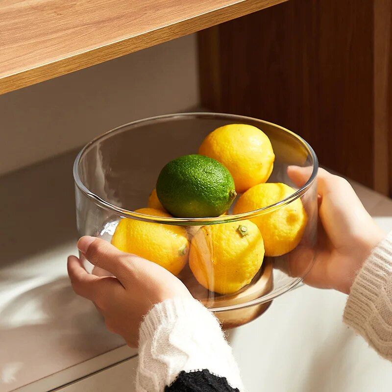 Glass Fruit Bowl with Wood Base - Elegant Tableware for Stylish Serving