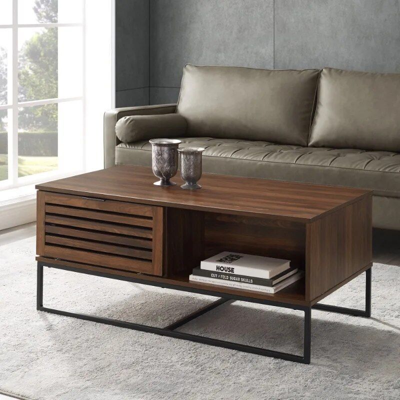 Dark Walnut Contemporary Storage Coffee Table with Slat Doors