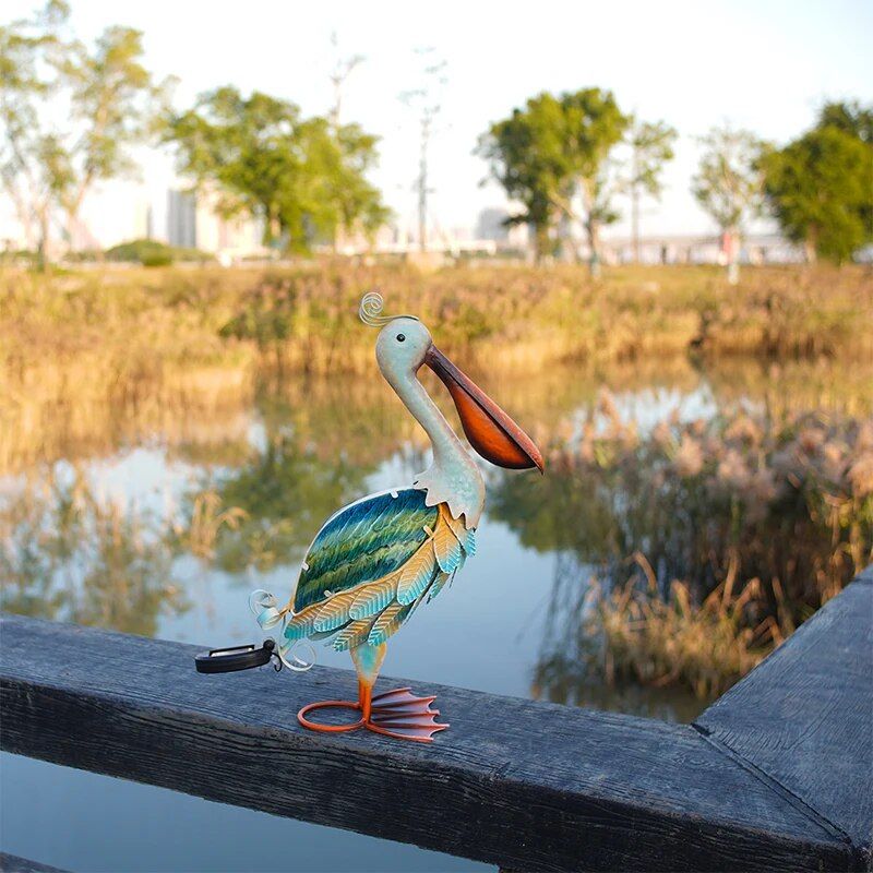 Solar-Powered Metal Pelican Garden Sculpture with LED Light