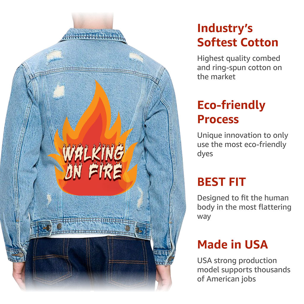 Fire Graphic Men's Distressed Denim Jacket - Cool Design Denim Jacket for Men - Illustration Denim Jacket