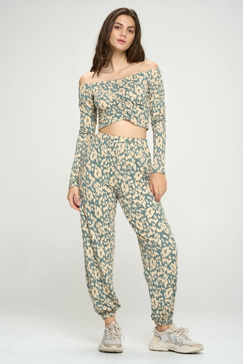 Jogger and Off Shoulder Top Lounge Wear Set Leopard