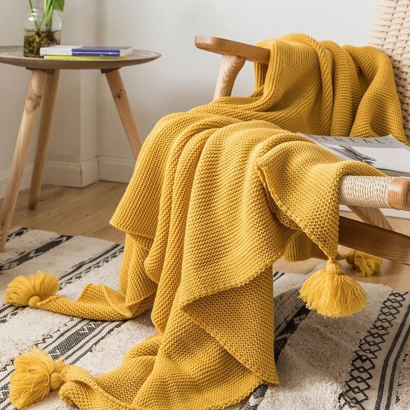 Mustard Yellow Luxury Knit Throw Blanket with PomPom Tassels