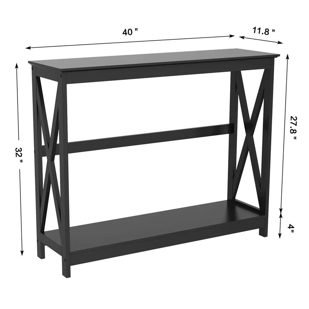 Elegant 2-Tier Black Wood Console Table with X Design and Storage Shelf