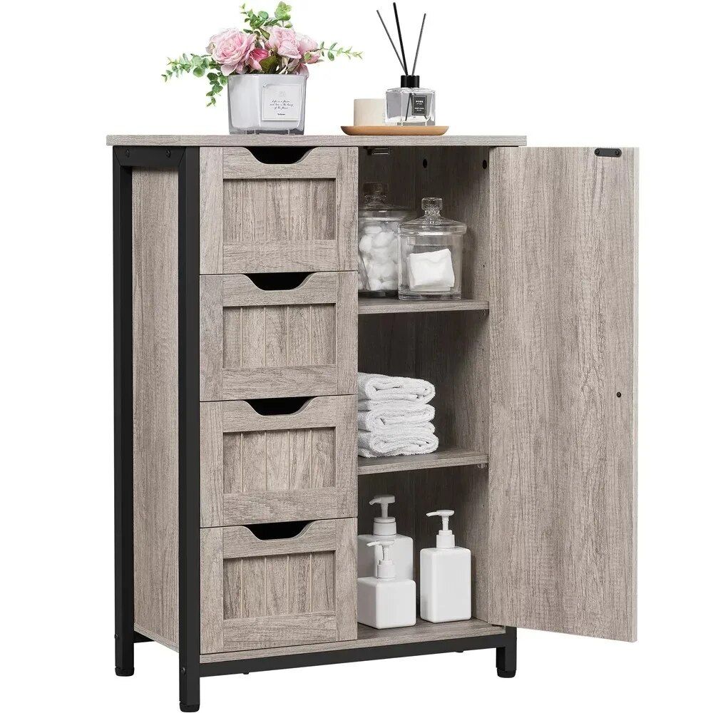 Elegant Gray Wooden Bathroom Storage Cabinet with 4 Drawers and Adjustable Shelves