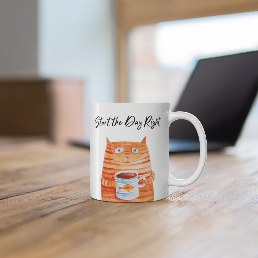 Start the Day Right Cat Holding Goldfish Coffee Tea Mug