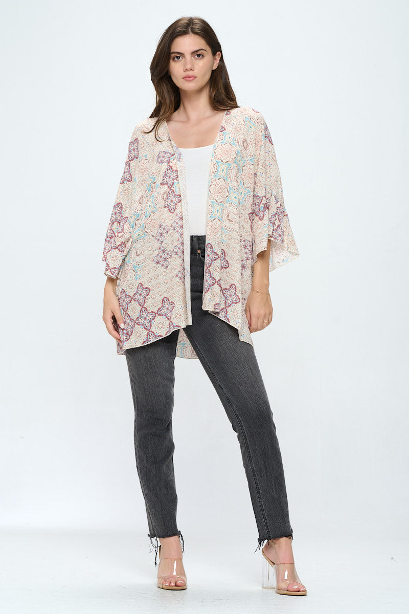 Ruffle sleeves loose fit kimono in ethnic print