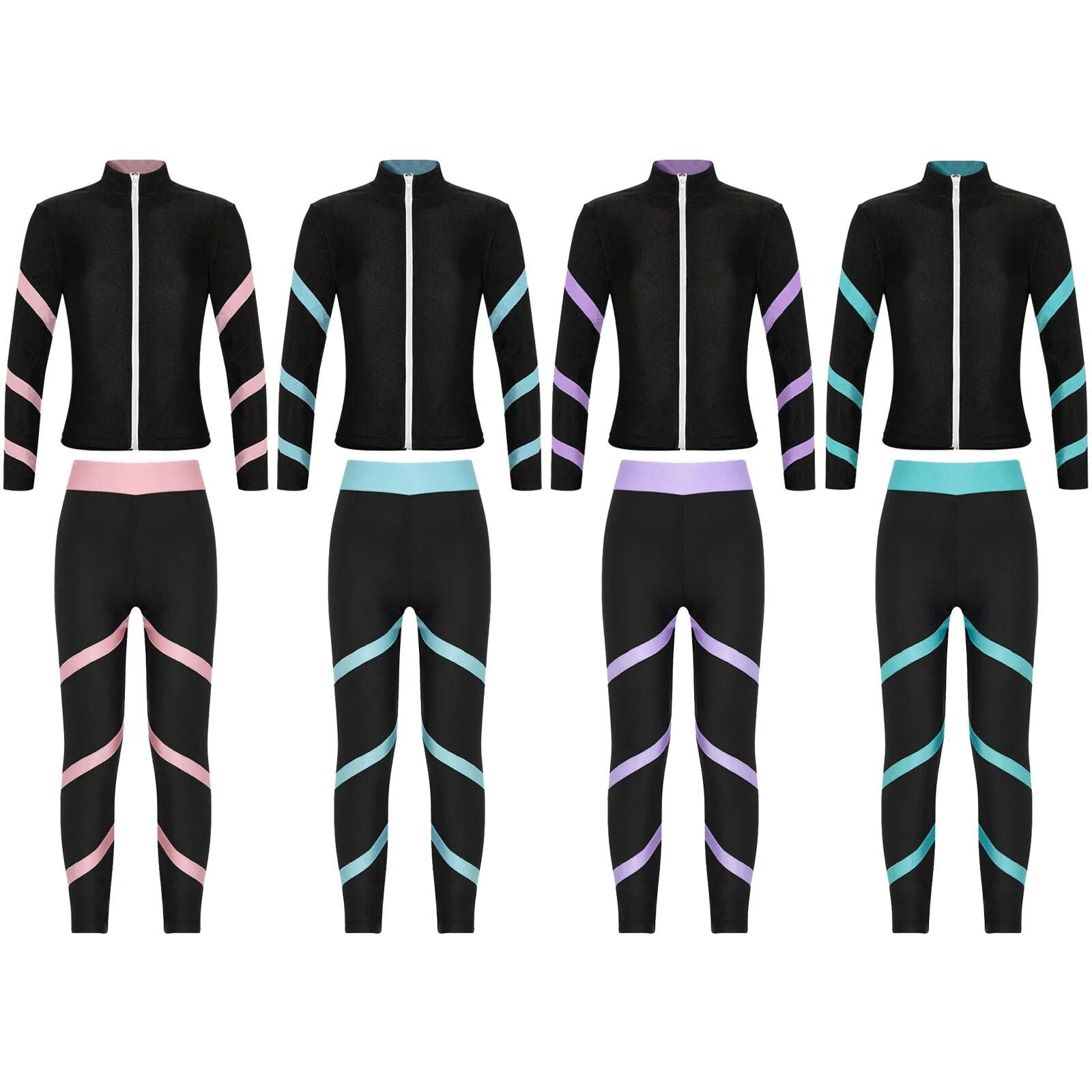 Girls' Striped Sportswear Set: Long Sleeve Zipper Top & Leggings for Gymnastics, Yoga & Dance