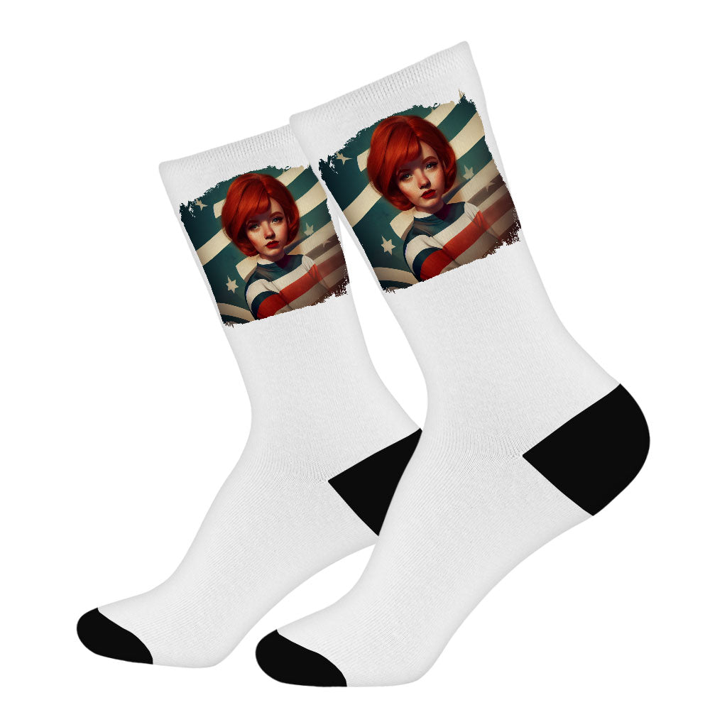 Girl With Red Hair American Flag Socks - Print Novelty Socks - Flag Crew Socks