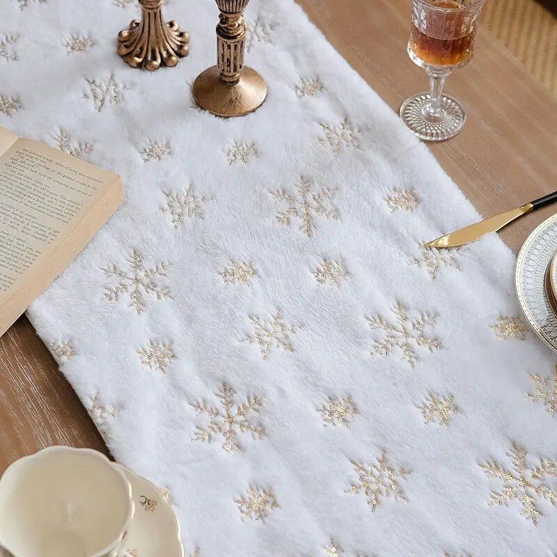 Sparkling Snowflake Faux Fur Christmas Table Runner