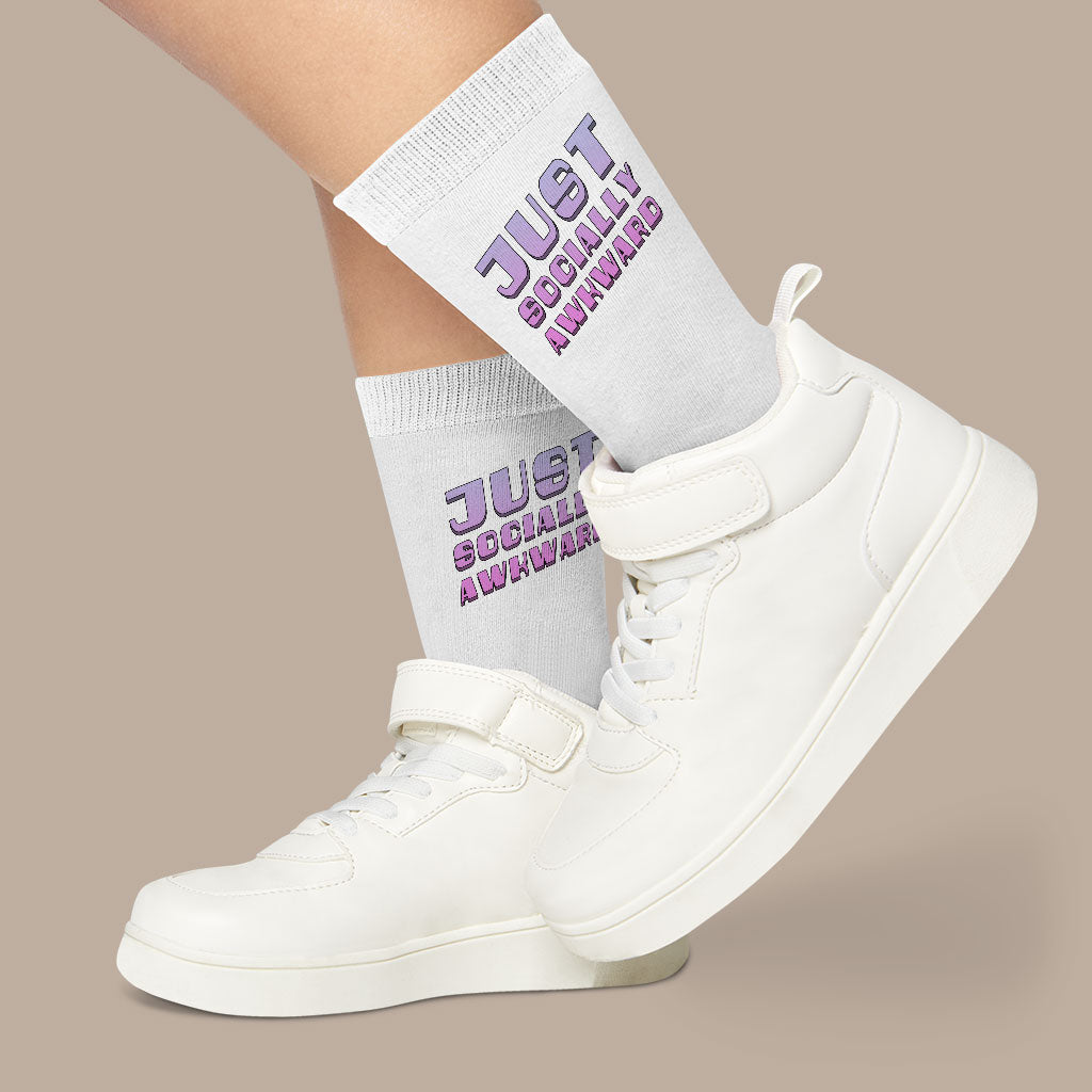 Socially Awkward Socks - Trendy Novelty Socks - Illustration Crew Socks