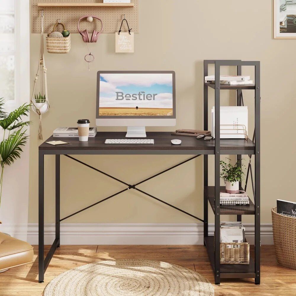 Space-Saving Home Office Writing Desk with Shelves & Sturdy Metal Frame