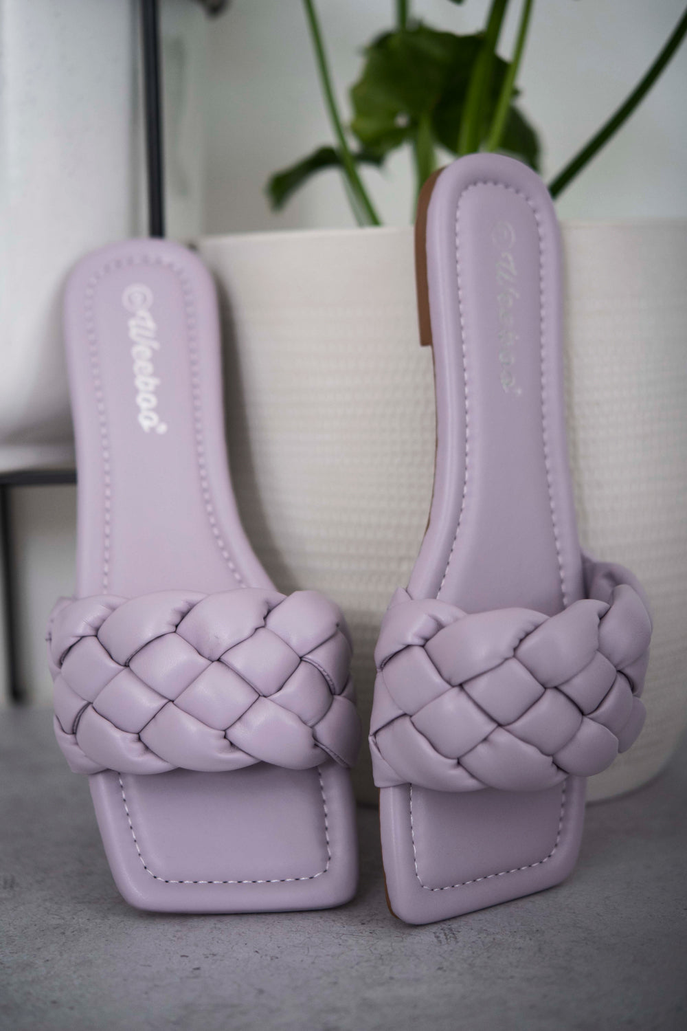 Cakewalk Woven Square Toe Slides in Lilac