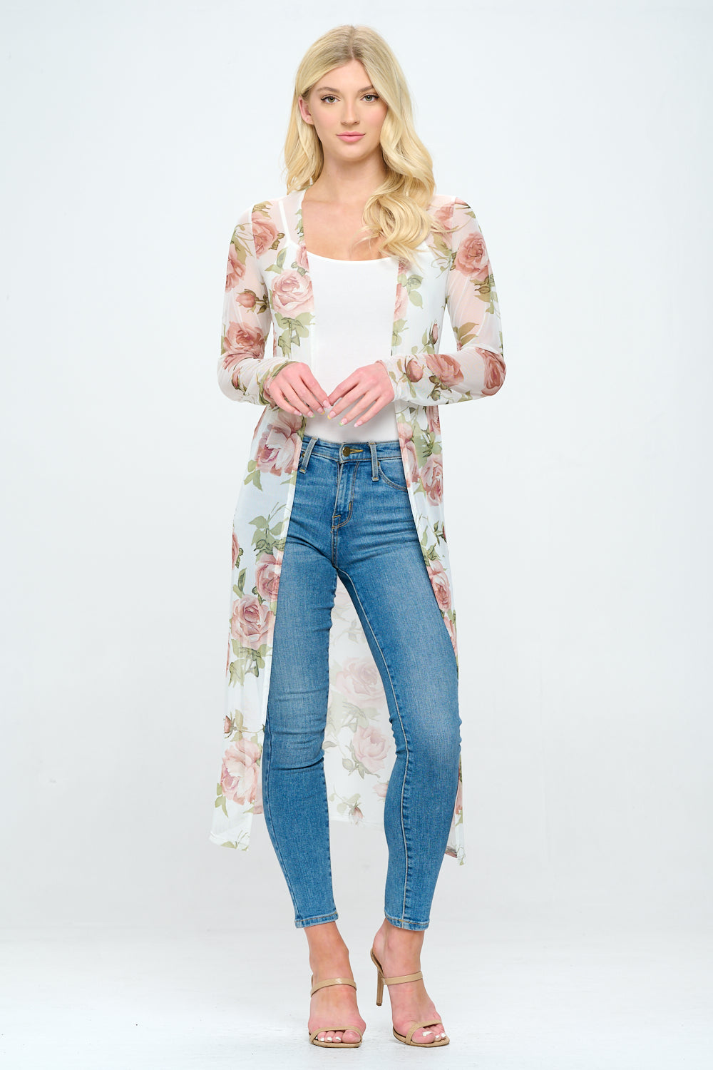 Floral long line mesh floral duster