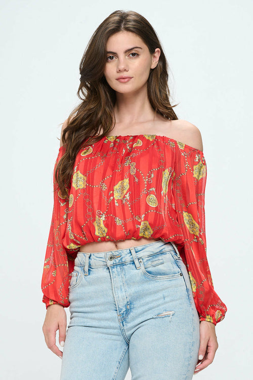 Off-shoulder long-sleeve chain blouse