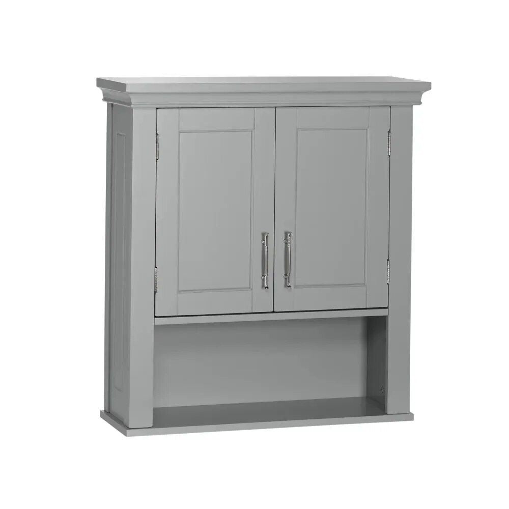 Elegant Gray 2-Door Bathroom Wall Cabinet with Open & Interior Shelves